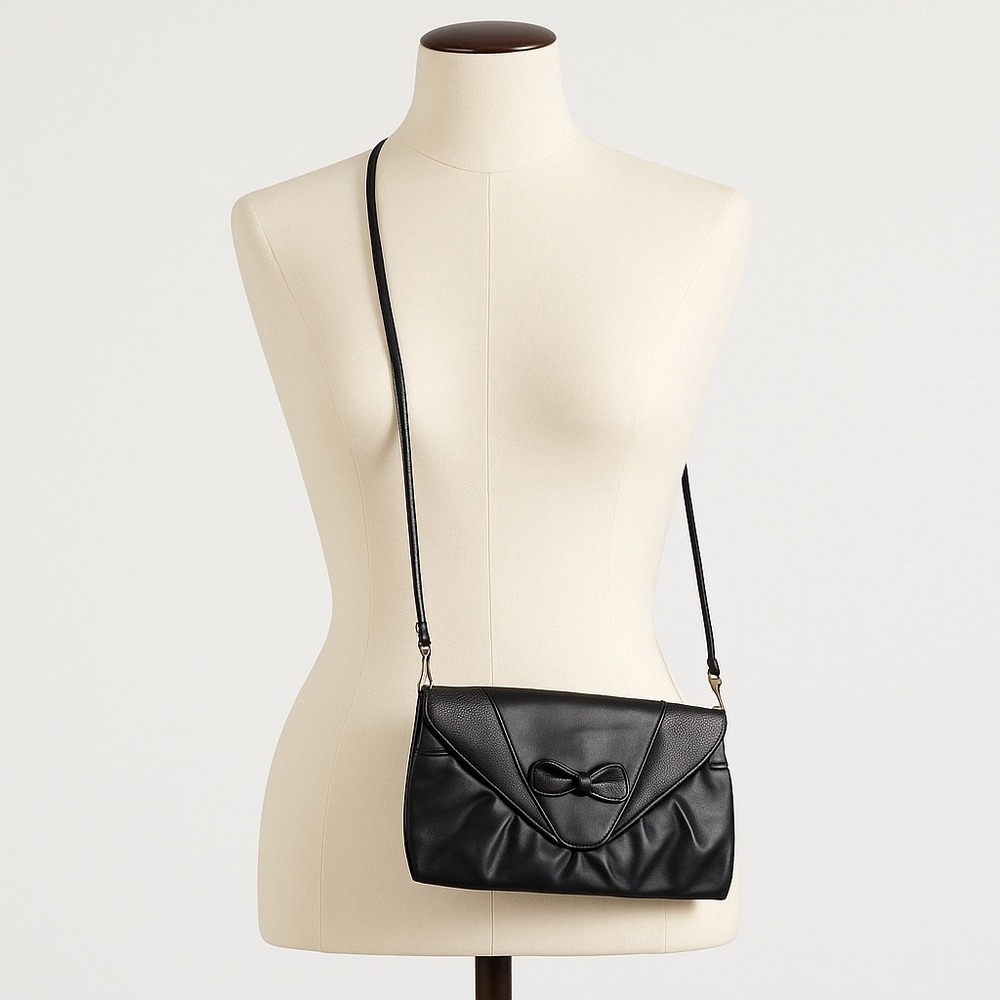 Vintage Gitano Bag Black Crossbody Faux‎ Leather Envelope Clutch Bow Detail 80s